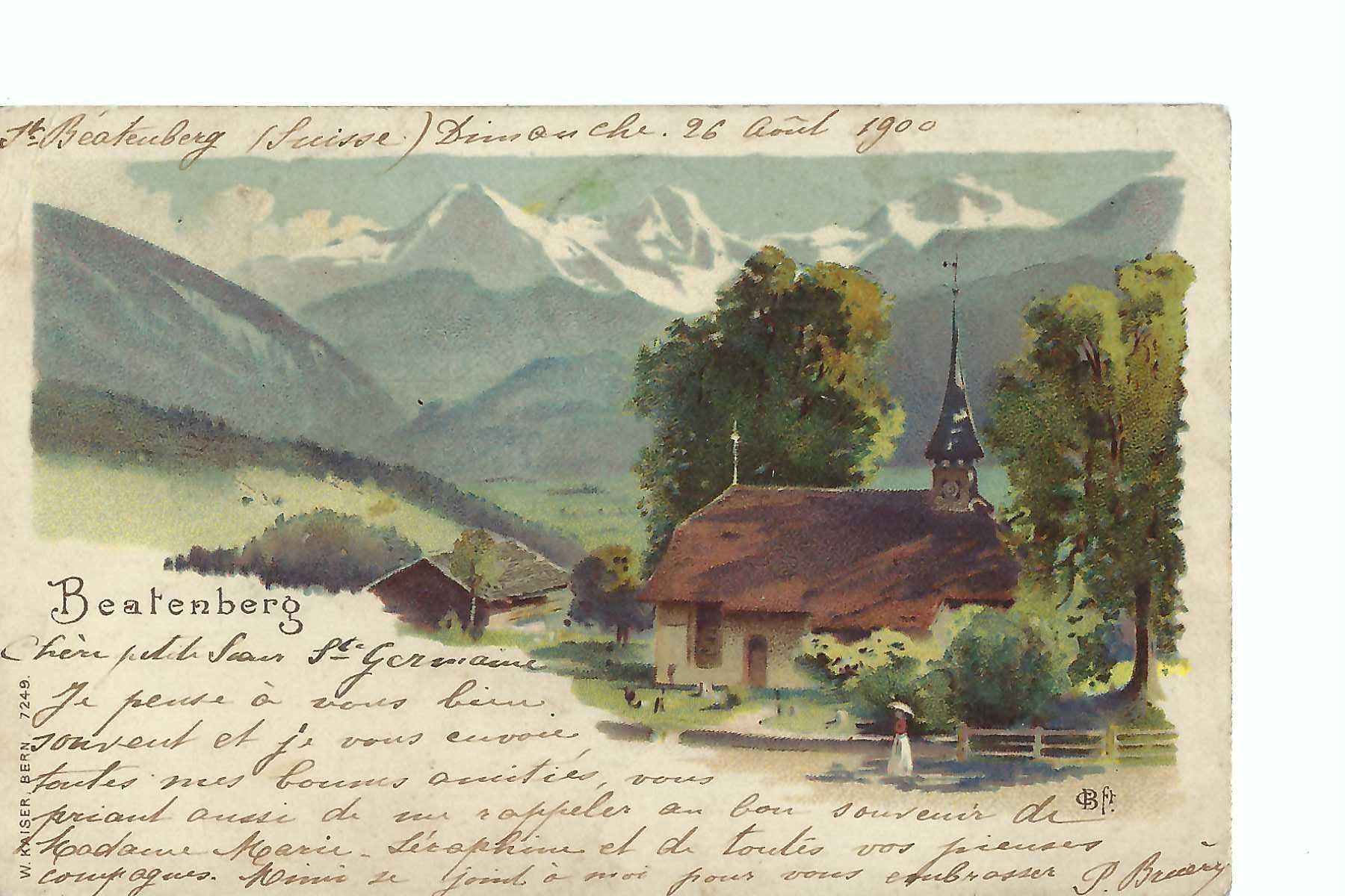 Cartoline postali: Beatenberg 1900 Ansicht mit Kirche und Berner Alpen – Usato da Thun venduto da 44wart