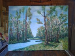 Gemälde Landschaft Fluss Wald Öl auf Leinwand 80x60cm