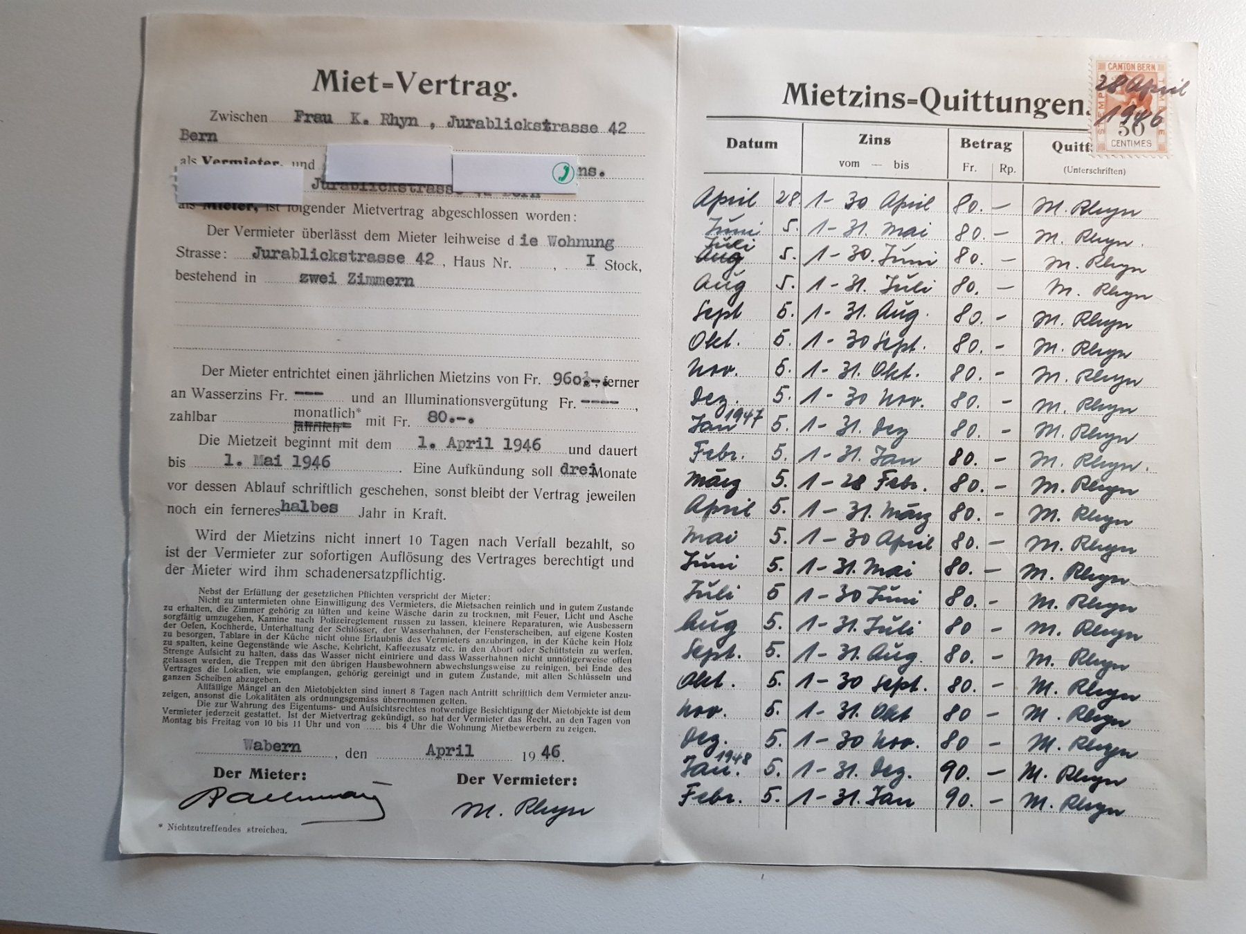 Dokumente: Mietvertrag 1946 mit Quittungen antik – Gebraucht aus Walterswil BE von Lonitti 2