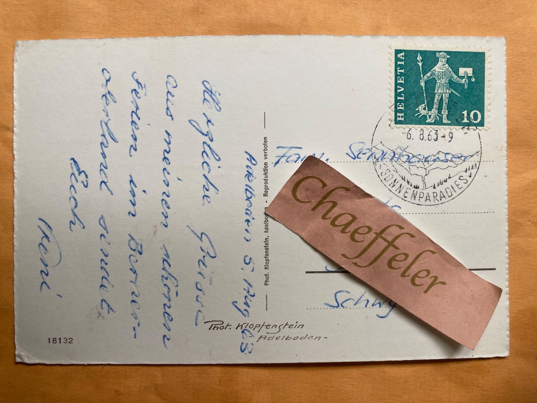 Cartoline postali: 1963 Sesselbahn Adelboden - Schwandfeld- – Usato da Zürich venduto da Chaeffeler 1