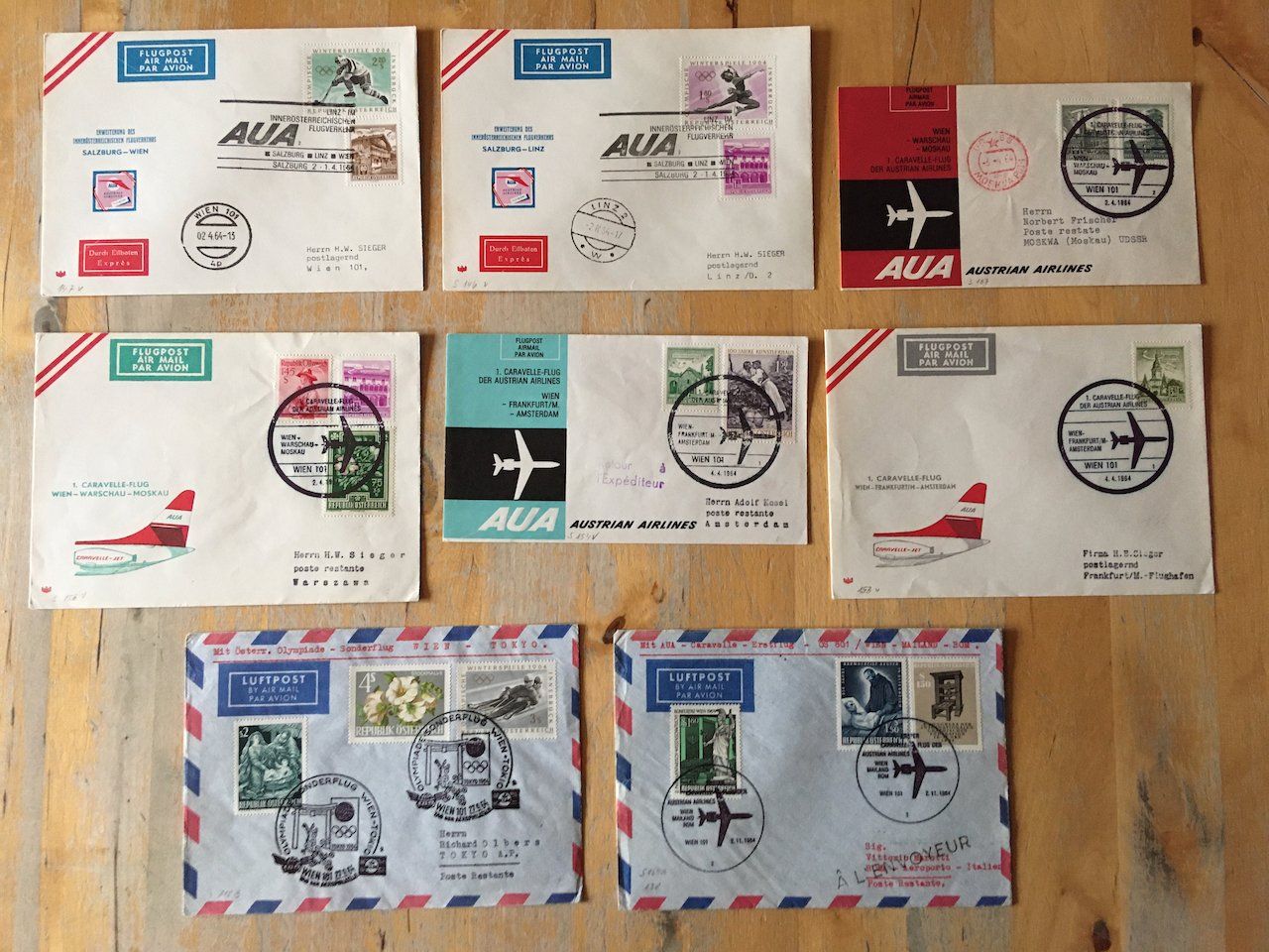 Alle Briefmarken: 8 Flugbriefe Österreich 1964 – Gebraucht aus Nesslau von zueri6