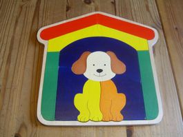 schönes, buntes Rahmen Holz Puzzle, Sujet Hund mit Hundehaus
