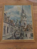Peinture à l'huile ville ancienne signé P.A. Yoly 65 40x50cm