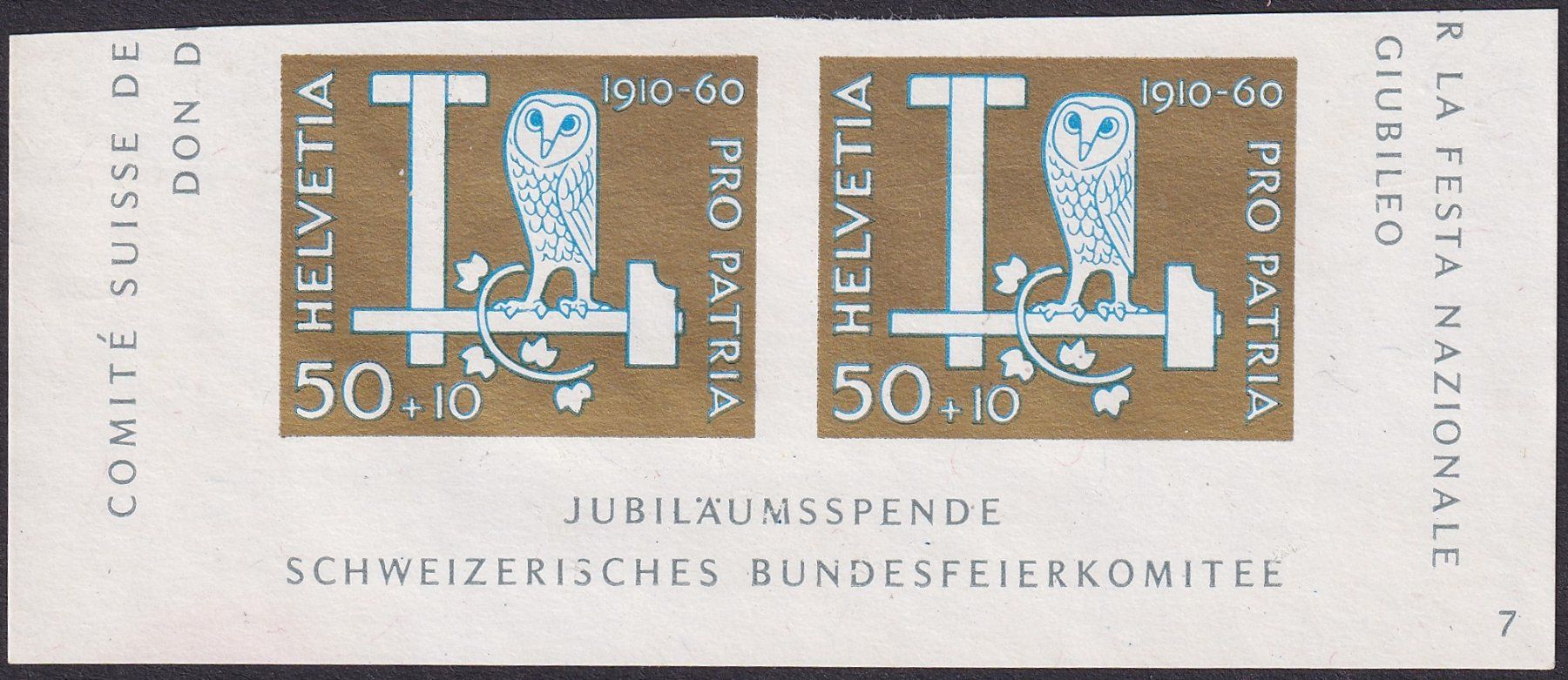 Tutti i francobolli: 1960: B101, Jubiläumsblock-Ausschnitt PP postfrisch **. – Usato da Sursee venduto da Luzernerraute