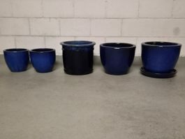 5 Blumentöpfe + 1 Untersetzer  Ton blau glasiert