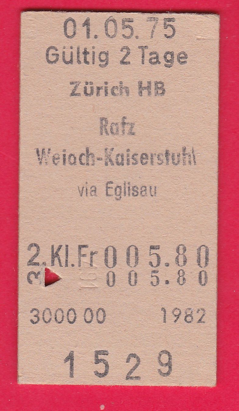 Biglietti: KARTON BILLETT, ZÜRICH - WEIACH-KAISERSTUHL,2.KLASSE,EINFACH – Usato da Oberrieden venduto da Gebirgsstelze