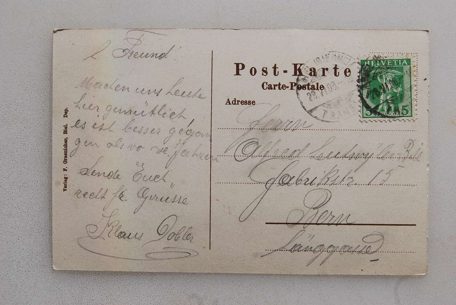 Ansichtskarten: AK Biel Taubenlochschlucht 1908 – Gebraucht aus Rüfenacht BE von Toro06 1