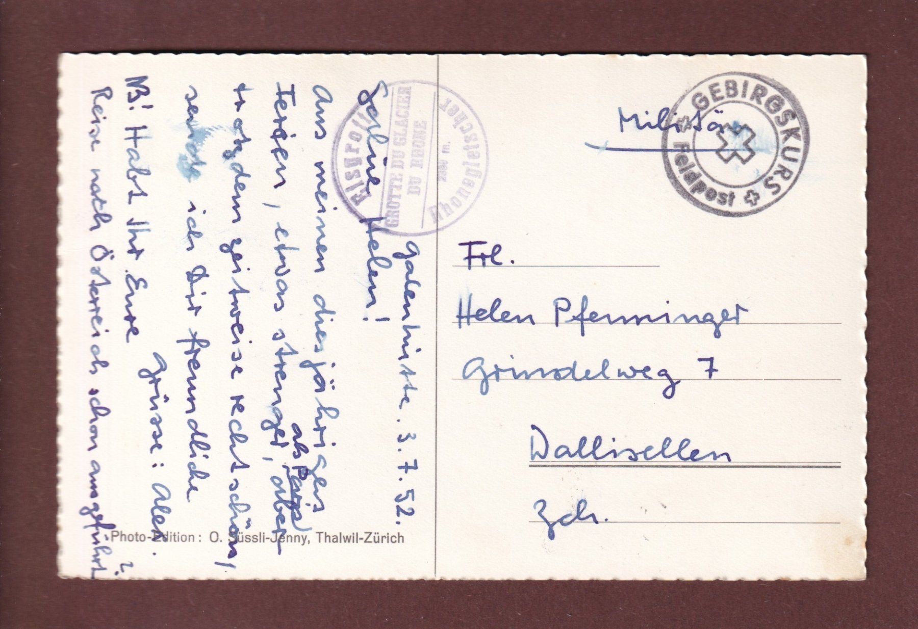 Cartoline postali: RHONEGLETSCHER - Gelmerhörner - 1952 Feldpost – Usato da Pully venduto da nicecards 1