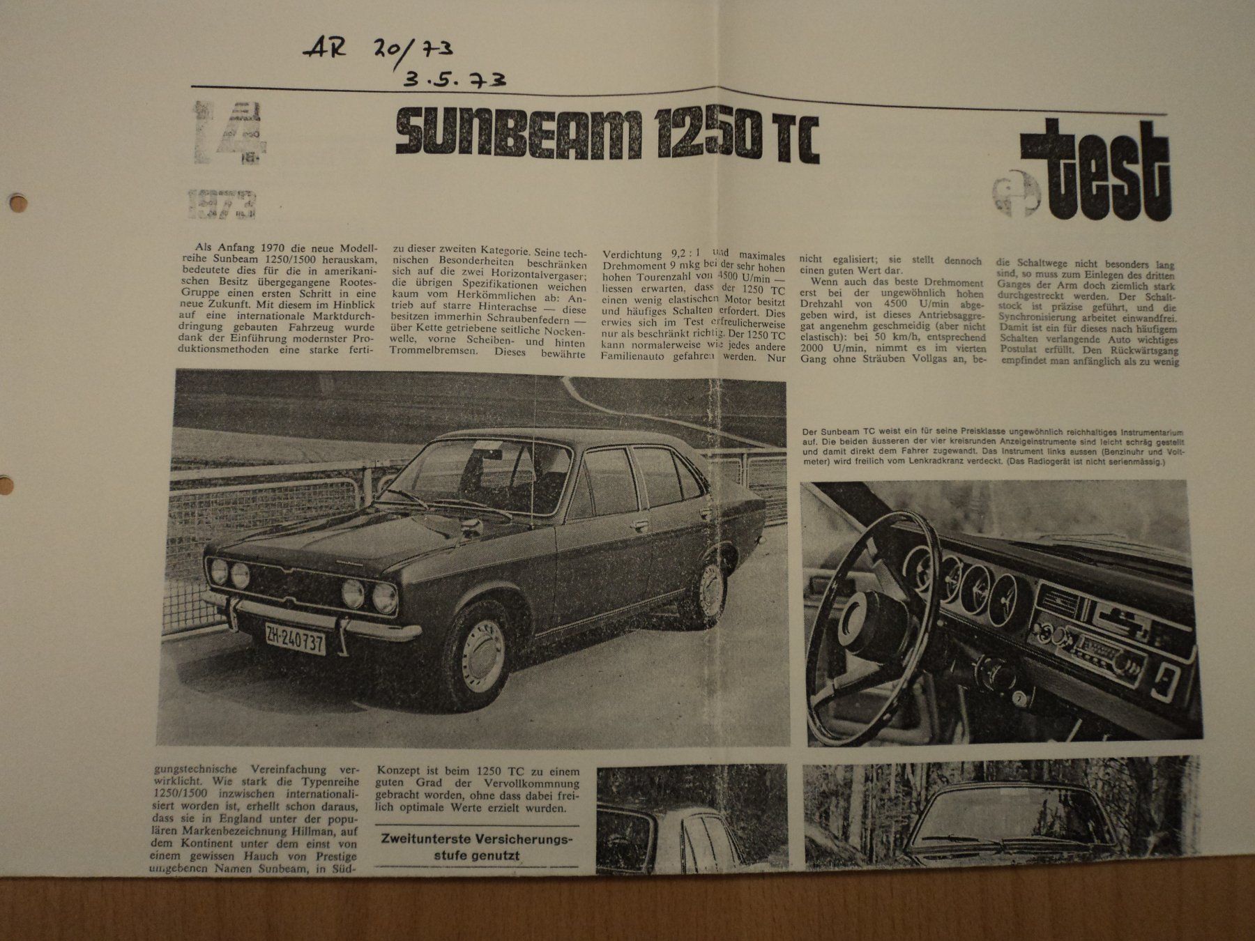 Documenti: Prospekt Test AR Sunbeam 1250 TC von 1973 – Usato da Schwarzenburg venduto da modelCARama