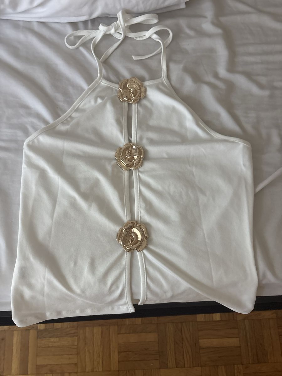 Tops: Top blanc ornée de roses dorées taille S – Neu (gemäss Beschreibung) aus Genève von emi_rrq8 2