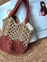 Crocheted bag handmade beige red medium size 17x19.5cm