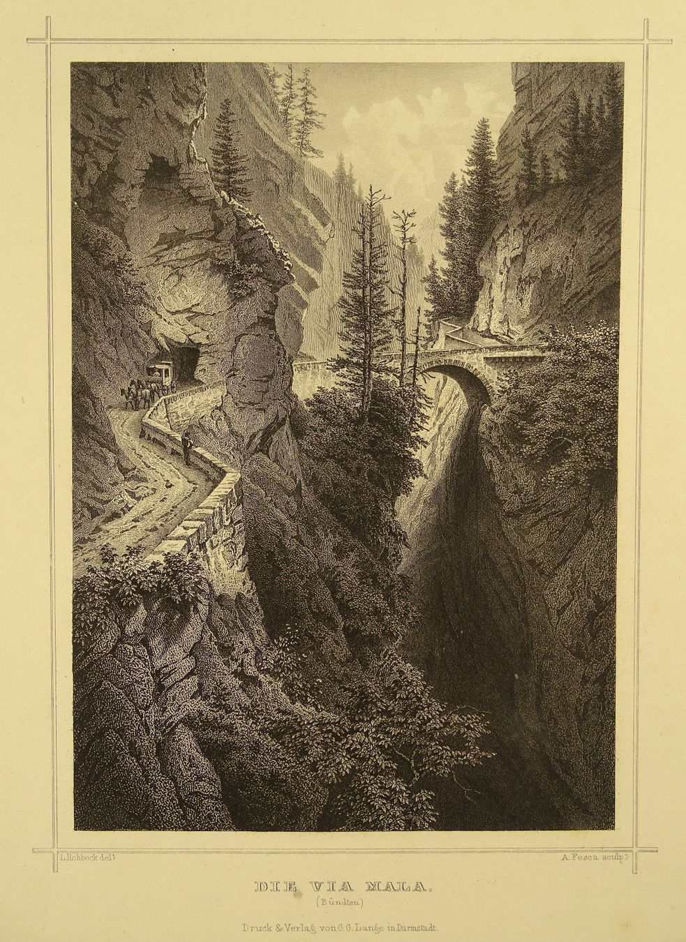 Incisioni: VIA MALA GRAUBÜNDEN, STAHLSTICH 1856 – Usato da Grüningen venduto da Kartensammler 1