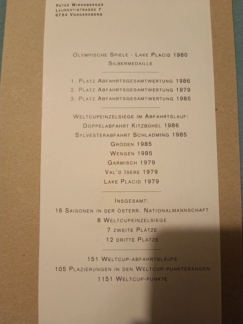 Autographes: Peter Wirnsberger - handsignierte Karte – D'occasion à Menziken par Artographs 1