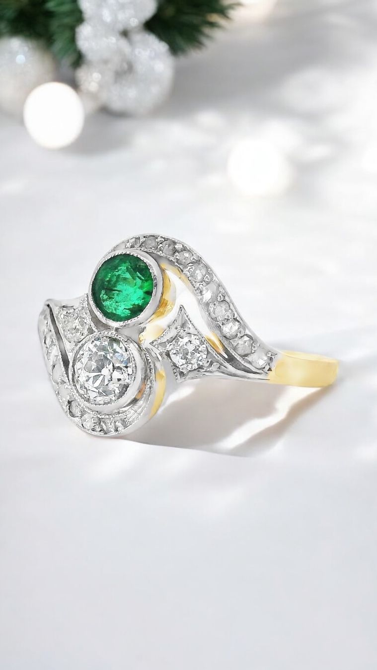 Anelli: Toi et Moi 18k Diamant u Smaragd Ring – Usato da Embrach venduto da estzeh1 5