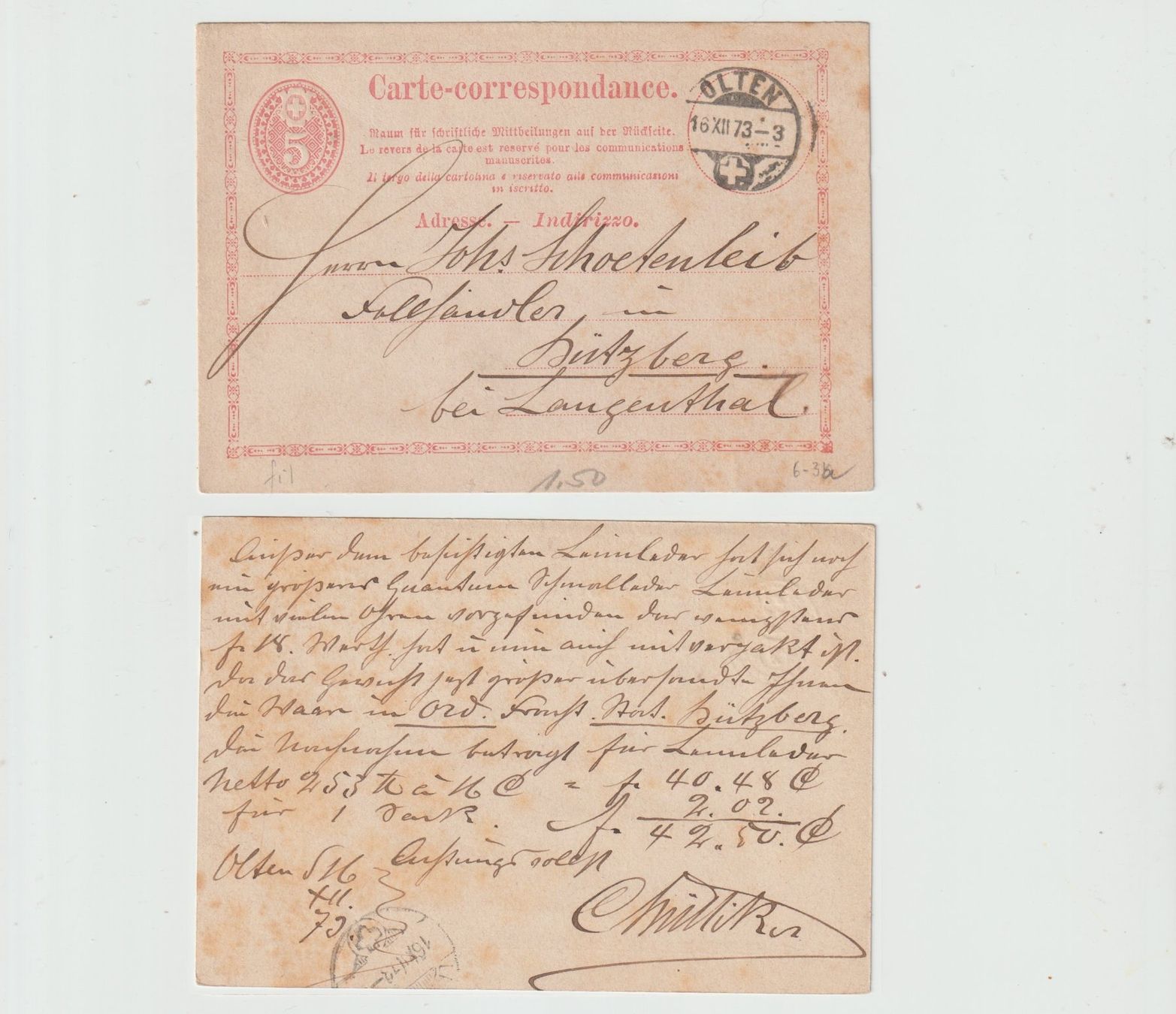 Cartoline postali: Postkarte "Olten 16 XII 73 - 3 – Usato da Sissach venduto da eriluz