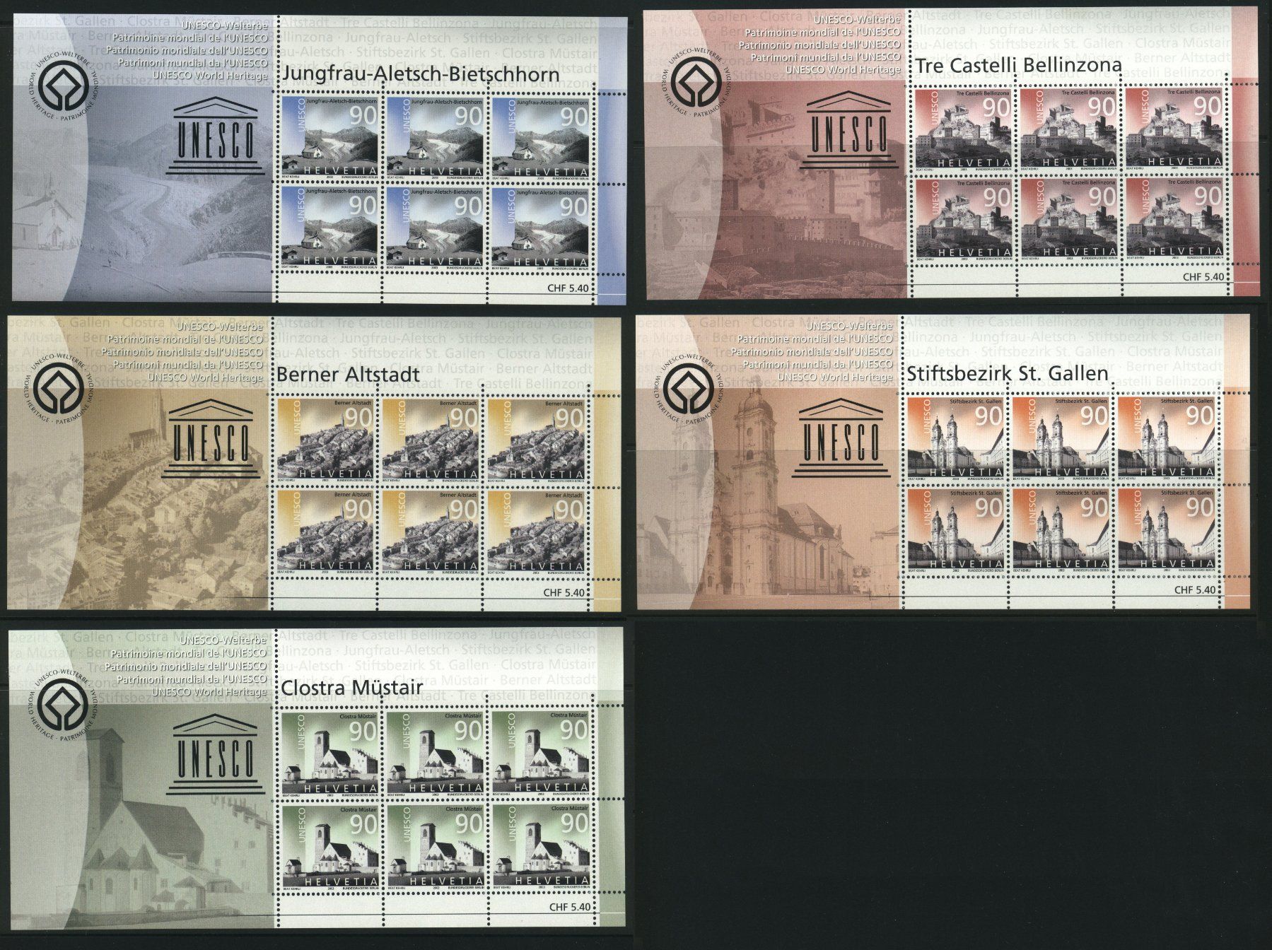 Tutti i francobolli: 2003, Sondermarken Unesco, 5 Kleinbogen ** – Usato da Willisau venduto da Vollstempel