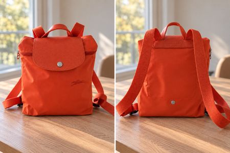 Sac à dos Longchamp orange, modèle pliable, bon état