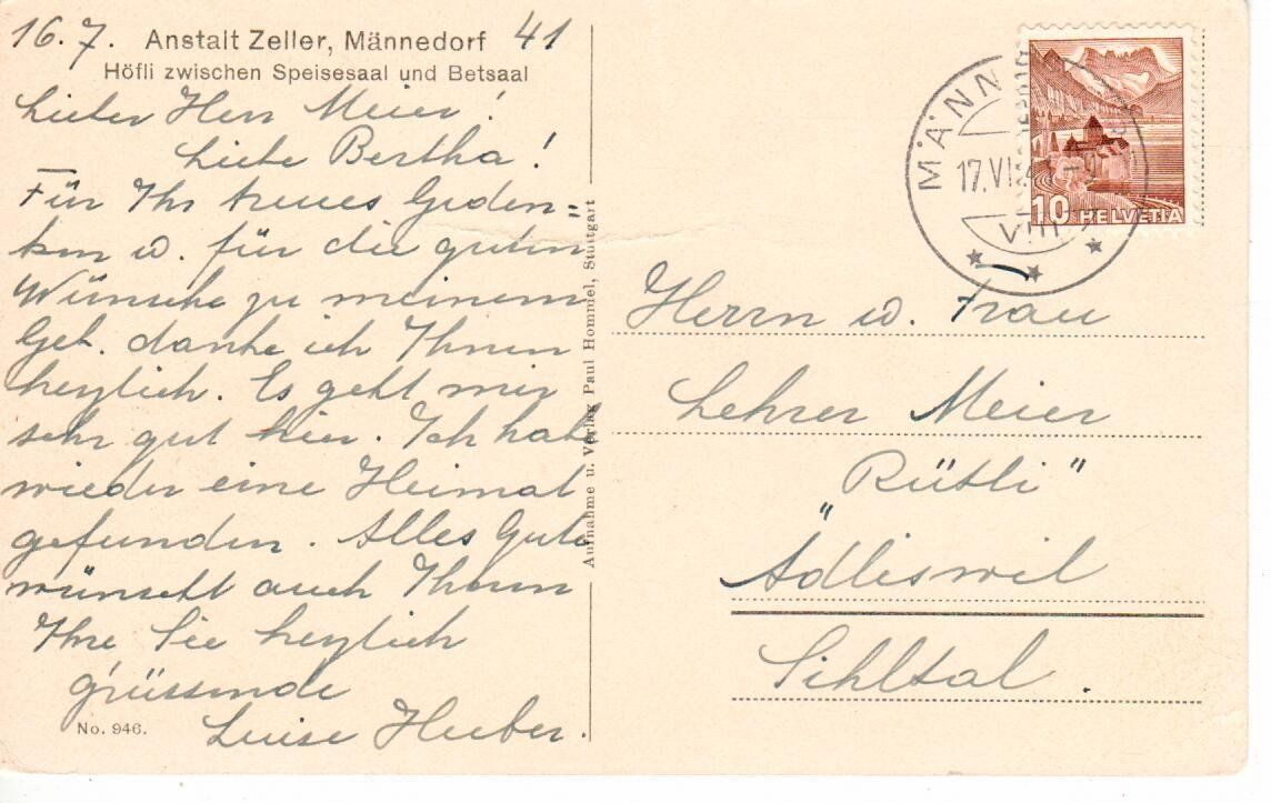 Cartoline postali: Anstalt Zeller Männedorf 1941 – Usato da Wolhusen venduto da Curver9 1
