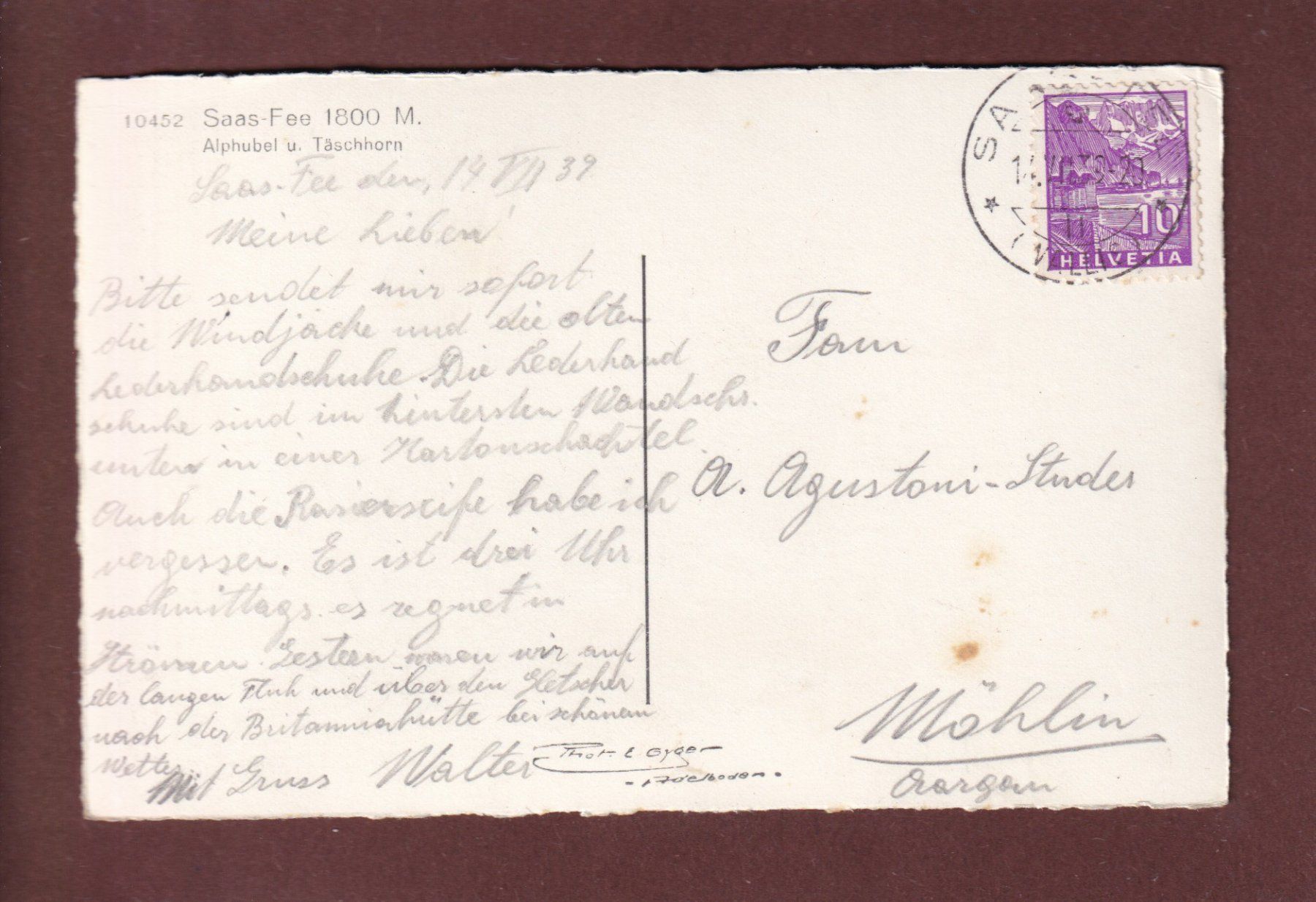 Cartoline postali: SAAS-FEE - 1939 – Usato da Pully venduto da nicecards 1