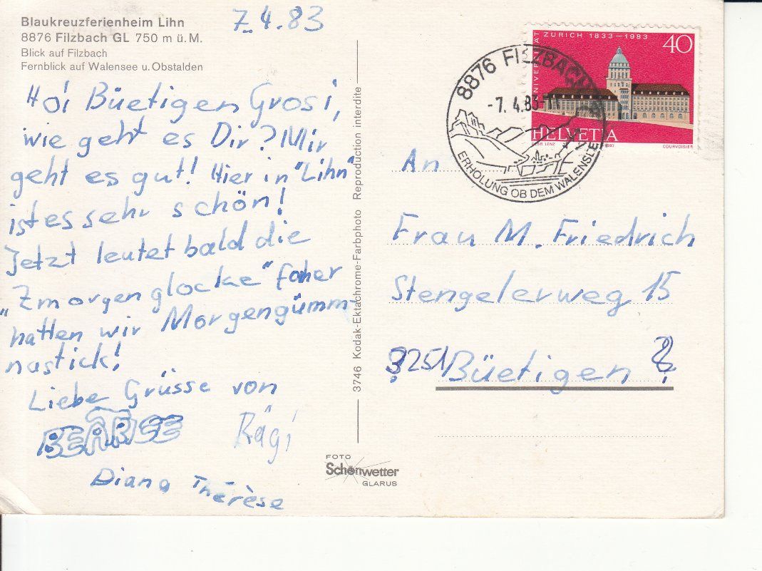 Cartoline postali: Filzbach 1983 – Usato da Bürglen TG venduto da StampGraf 1