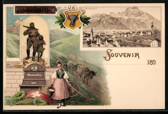 Cartoline postali: Litho Altdorf, Wilhelm Tell-Denkmal, Ort – Usato da Berlin venduto da bartko-reher