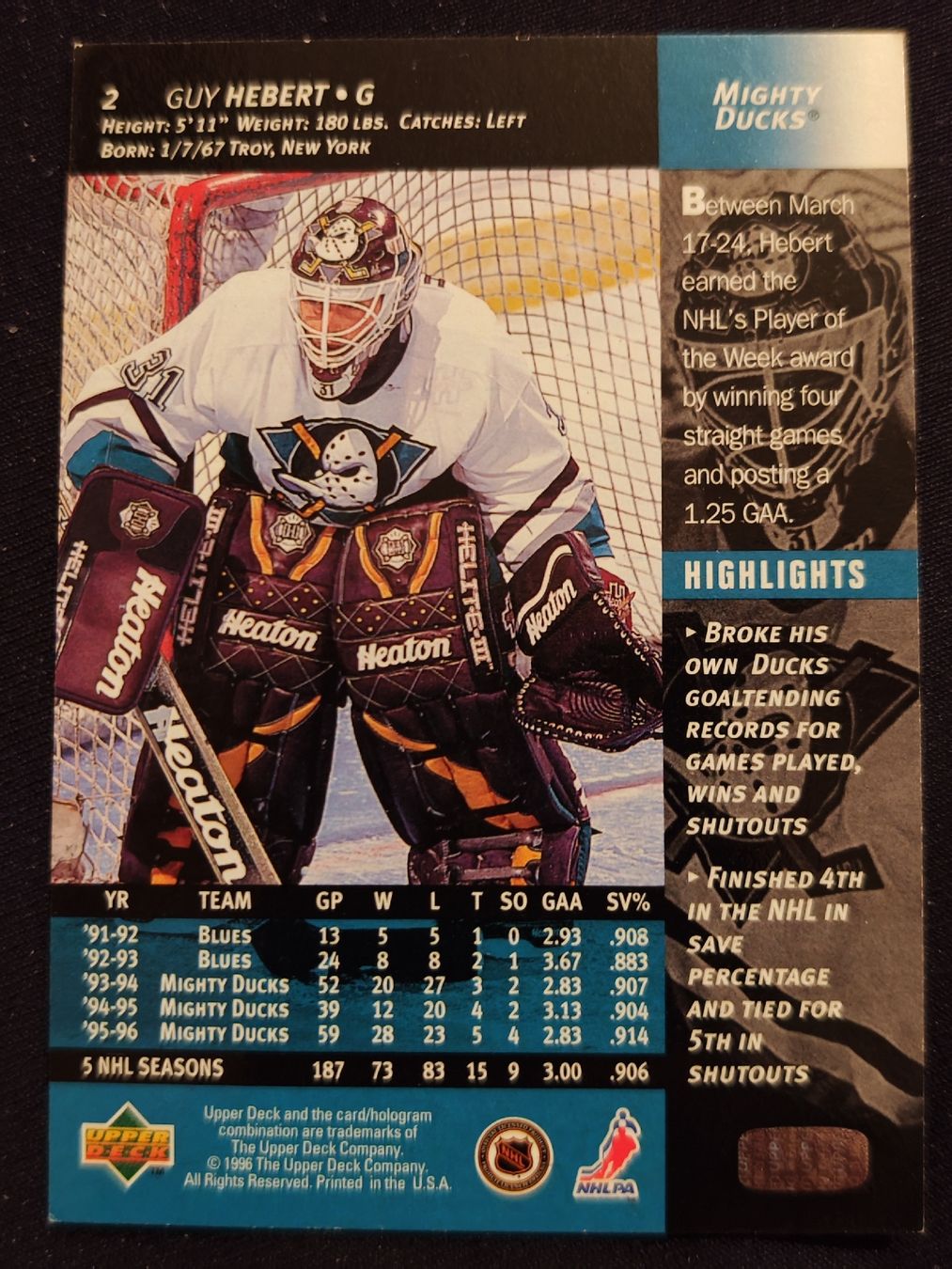 NHL Sammelbilder & Trading cards: Guy Hebert – 1996-97 Upper Deck #2 – Mighty Ducks NHL – Gebraucht aus Dübendorf von KB85_STORE 1