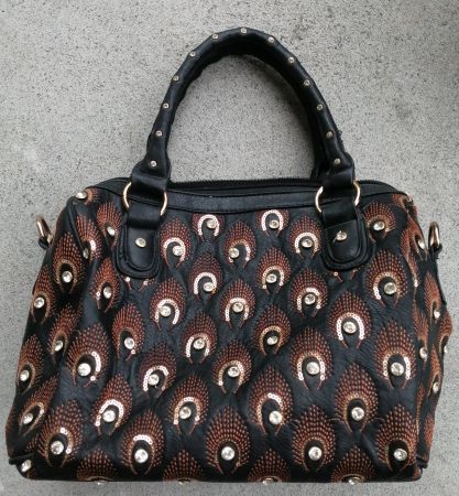 Schwarze Handtasche mit Pfauenfeder-Muster & Glitzer 👑