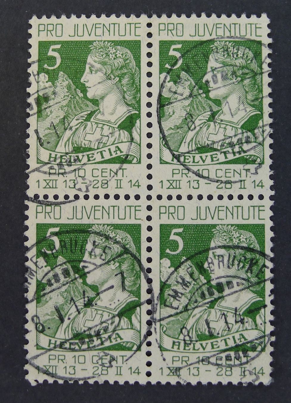 Alle Briefmarken: PJ 1913 Viererblock EMMENBRÜCKE – Gebraucht aus Ebikon von SilvioFreund