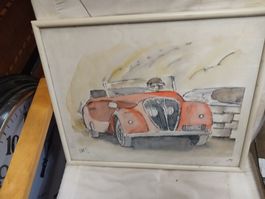 Aquarell Oldtimer Bild gerahmt 50x40 cm gebrauchter Zustand