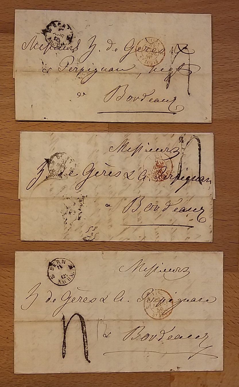 Alle Briefmarken: 3x Bern nach Bordeaux 1856 – Gebraucht aus Unterägeri von PhilatelieStudiger