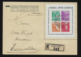 NABA BLOCK ZÜRICH 1934 auf R - BRIEF n. WALLISELLEN VIGNETTE