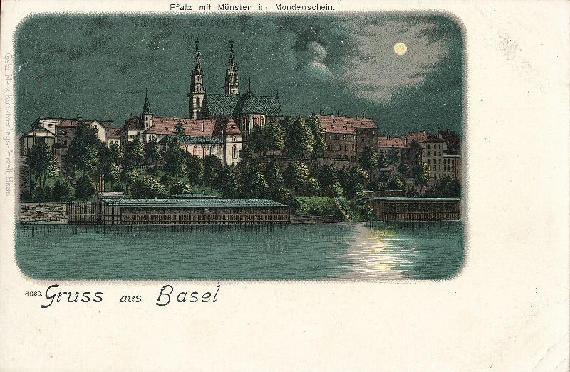 Cartoline postali: Basel - Gruss ... METZ Mondschein c1895 – Usato da Emmenbrücke venduto da teestube