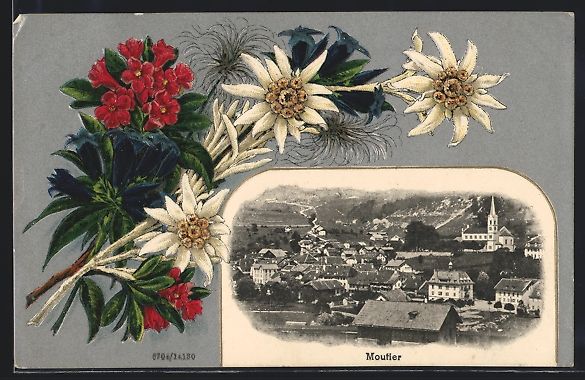Cartoline postali: Präge-AK Moutier, Blick auf den Ort, Ed – Usato da Berlin venduto da bartko-reher