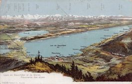 Vogelschau-AK: Lacs de Neuchâtel et Morat, datée 1907