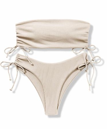 BANDEAU BIKINI BEIGE - GERIPPT - GRÖSSE L - NEU