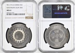 S$1 YR1(1912) CHINA SZECHUAN Dollar J.1 (1912) Silber MS 61!