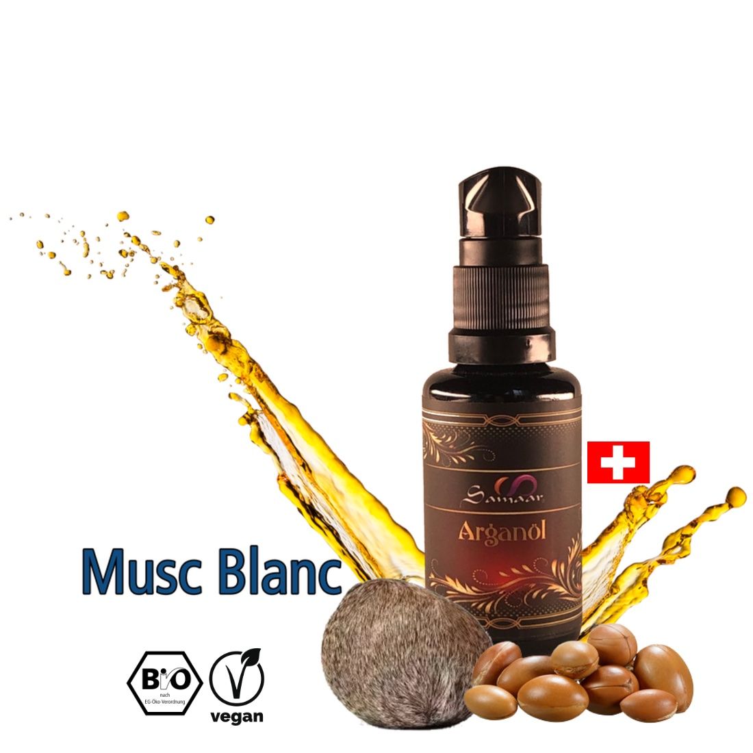 Gesichtspflege: Arganöl & äth. Öl - Musc Blanc 30ml – Neu und originalverpackt aus Schiers von Heluma