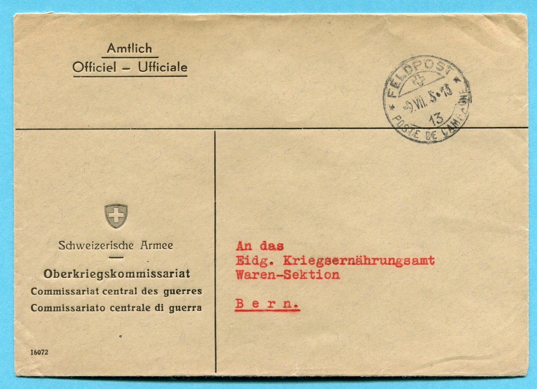 Tutti i francobolli: Brief Feldpost - Abs: Schweizer Armee Oberkriegskommissariat – Usato da Opfikon venduto da Prophila