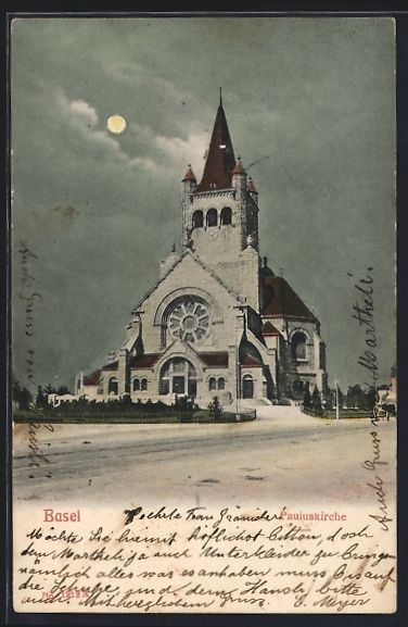 Ansichtskarten: AK Basel, Pauluskirche bei Vollmond – Gebraucht aus Berlin von bartko-reher