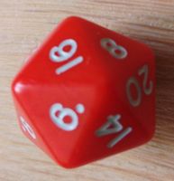 Würfel 20er Flächen rot mit grauer Schrift ca. 2x2cm