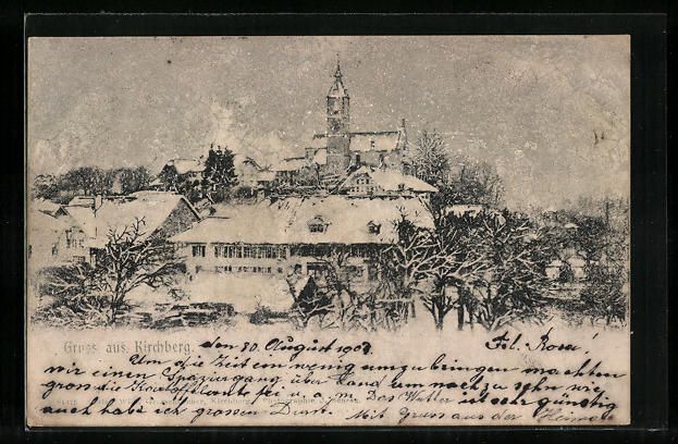 Cartoline postali: AK Kirchberg, Ortsansicht im Winter – Usato da Berlin venduto da bartko-reher