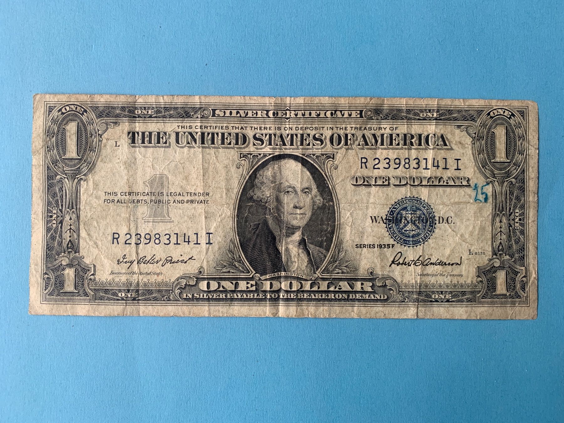 Banconote: U.S.A - 1 Dollar SILVER CERTIFICATE - Series 1935F - VF/SS – Usato da Le Lignon venduto da Trikles