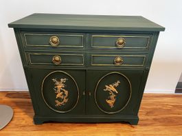 Upcycling Kommode dunkelgrün mit Vogelmotiv und Goldlinien
