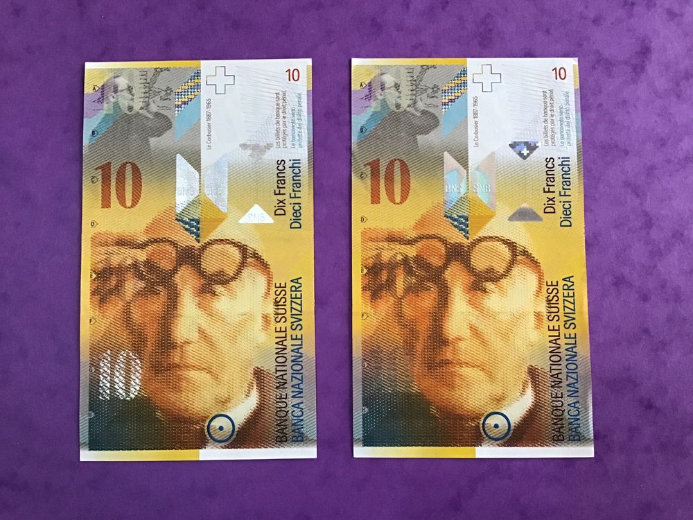 Lot de 2 billets de 10 CHF Suisse Typ le Corbusier (D'occasion) à St ...