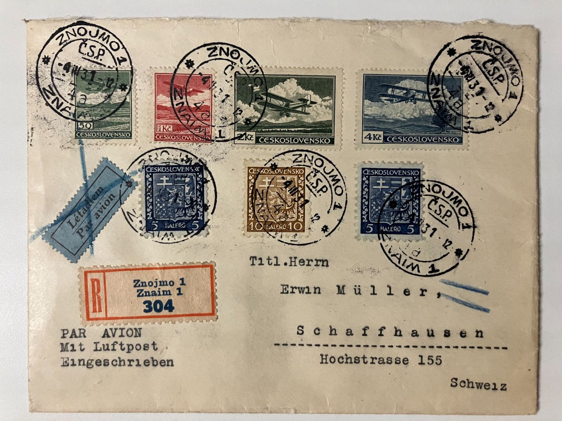 Tutti i francobolli: Tschechoslowakei 1931, R-Brief m. diversen Transit-Stempel – Usato da Würenlos venduto da Eulenpostuhu
