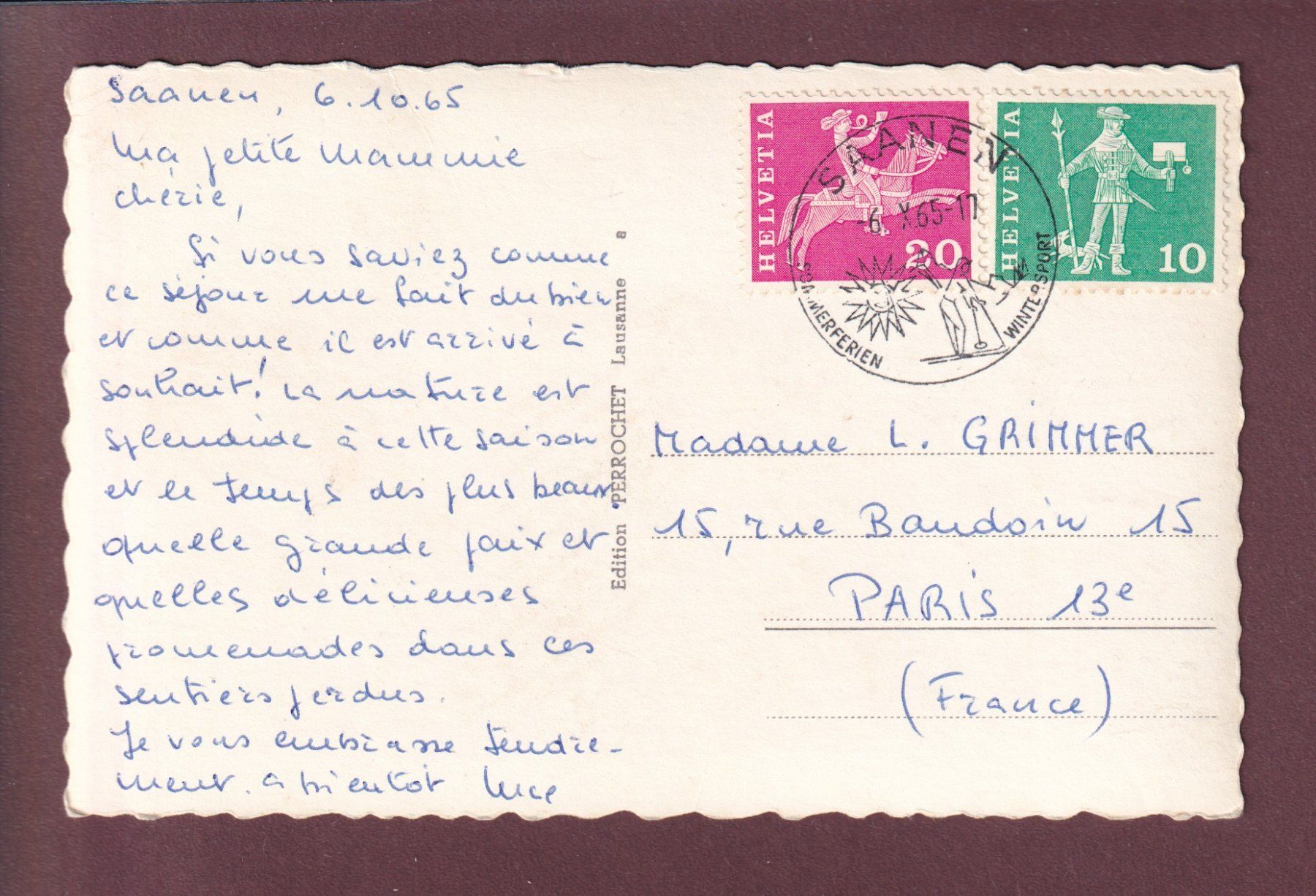 Cartoline postali: SAANEN - Kirche - Rüblihorn - 1965 – Usato da Pully venduto da nicecards 1