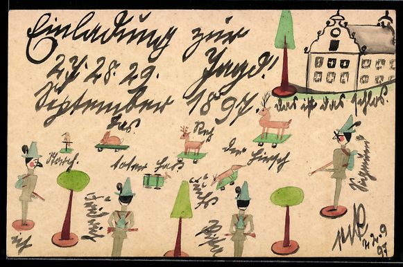 Cartoline postali: Handgemalt: Jäger mit Gewehren umstelle – Usato da Berlin venduto da bartko-reher