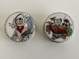 2 Deckeldosen mit Spiegel / Porzellan, Weissmetall 