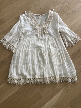 Kleid Weiss Boho bestickt 3/4 Aermel Spitze M