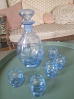 Likör Set blau, Karaffe Glas, 6-teilig, mit Punkten, antik